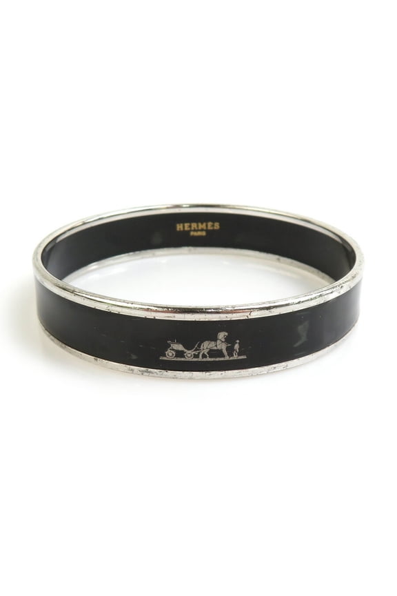 Pre-Owned Herms HERMES bangle bracelet in enamel, metal, silver and black, women's, e60705a