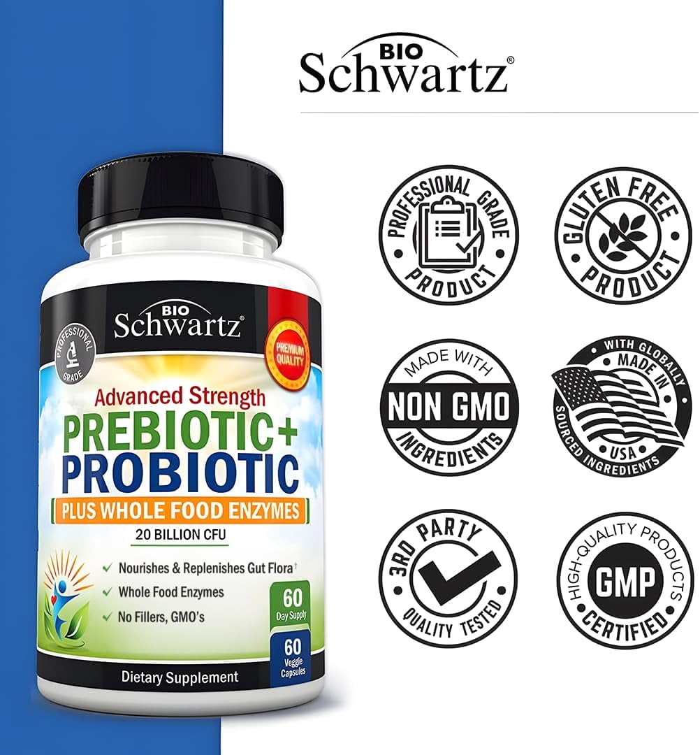 BioSchwartz Prebiotics and Probiotics with Digestive Enzymes for Adults, 60 Capsules