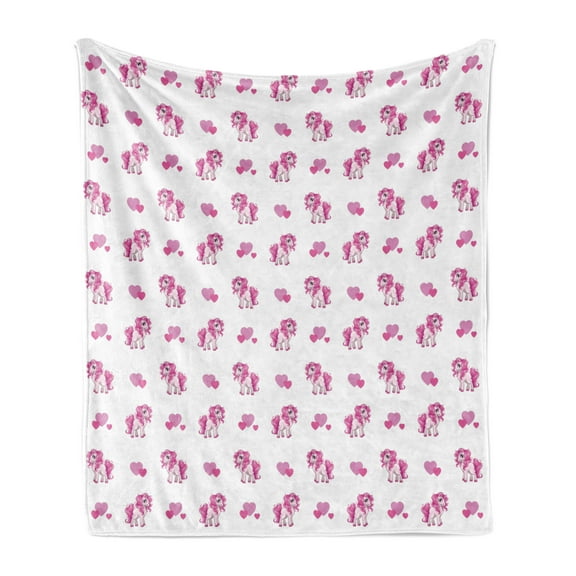 Love Soft Flannel Fleece Throw Blanket, Pink Hearts and Pony Horse Kids Girls Design Fairytale Toy Animal Cartoon, Cozy Plush for Indoor and Outdoor Use, 70" x 90", Hot Pink White, by Ambesonne