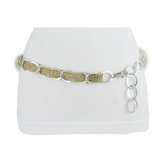 Women Belt XS-M Silver Metal Chain Links Gold Mesh Fabric Strap Bling