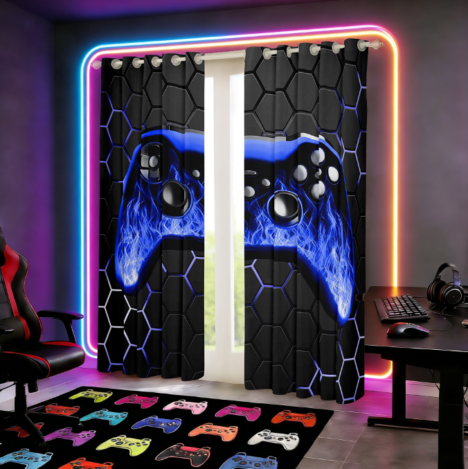 Manfei Gaming Curtains for Living Room,Game Gamer Controller Blackout Curtains Set of 2 (42x63),Gradent Navy Black Curtains and Drapes (42x63) For Boy,Microfiber Room Decor