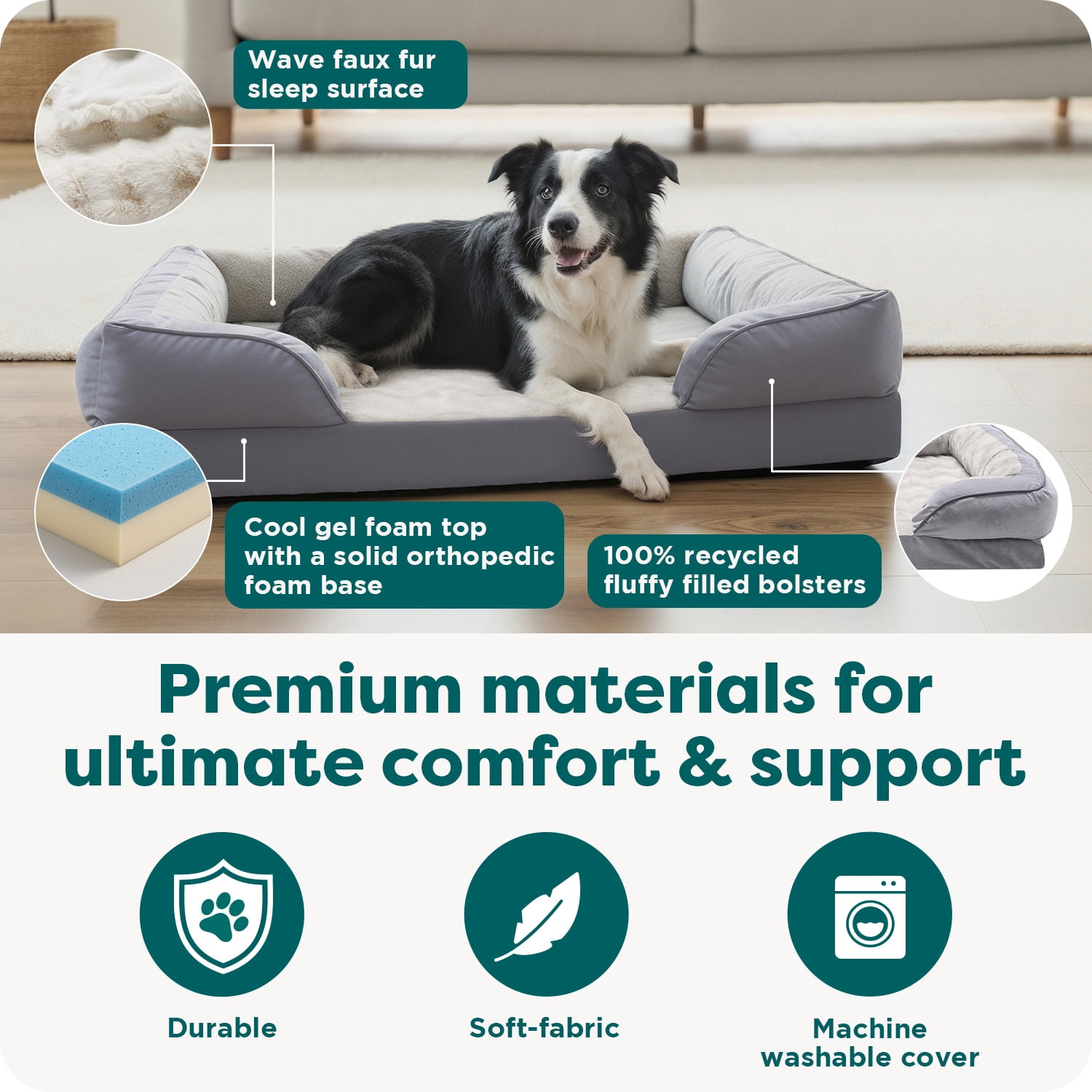 FurHaven Velvet Waves Perfect Comfort Cooling Gel-Top Sofa Pet Bed, Granite Gray, Medium, 1 Count