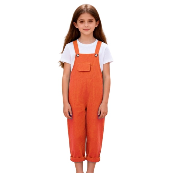 Girls Neon Orange Bib Overalls 100% Polyester Lightweight Kids Overalls for Kids & Big Girl Adjustable Strap Cuffed Hem Summer Outdoor Festival Clothes,Size 7-8T