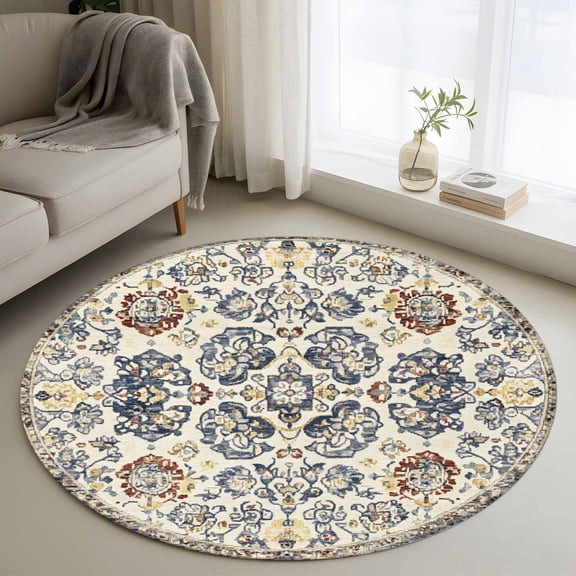 Round Rugs 3Ft, Boho Ethnic Round Area Rug Washable Indoor Throw Carpet, Vintage Floral Geometric Southwestern Small Non Slip Circle Rug for Bedroom Living Room Home Decor Aesthetic