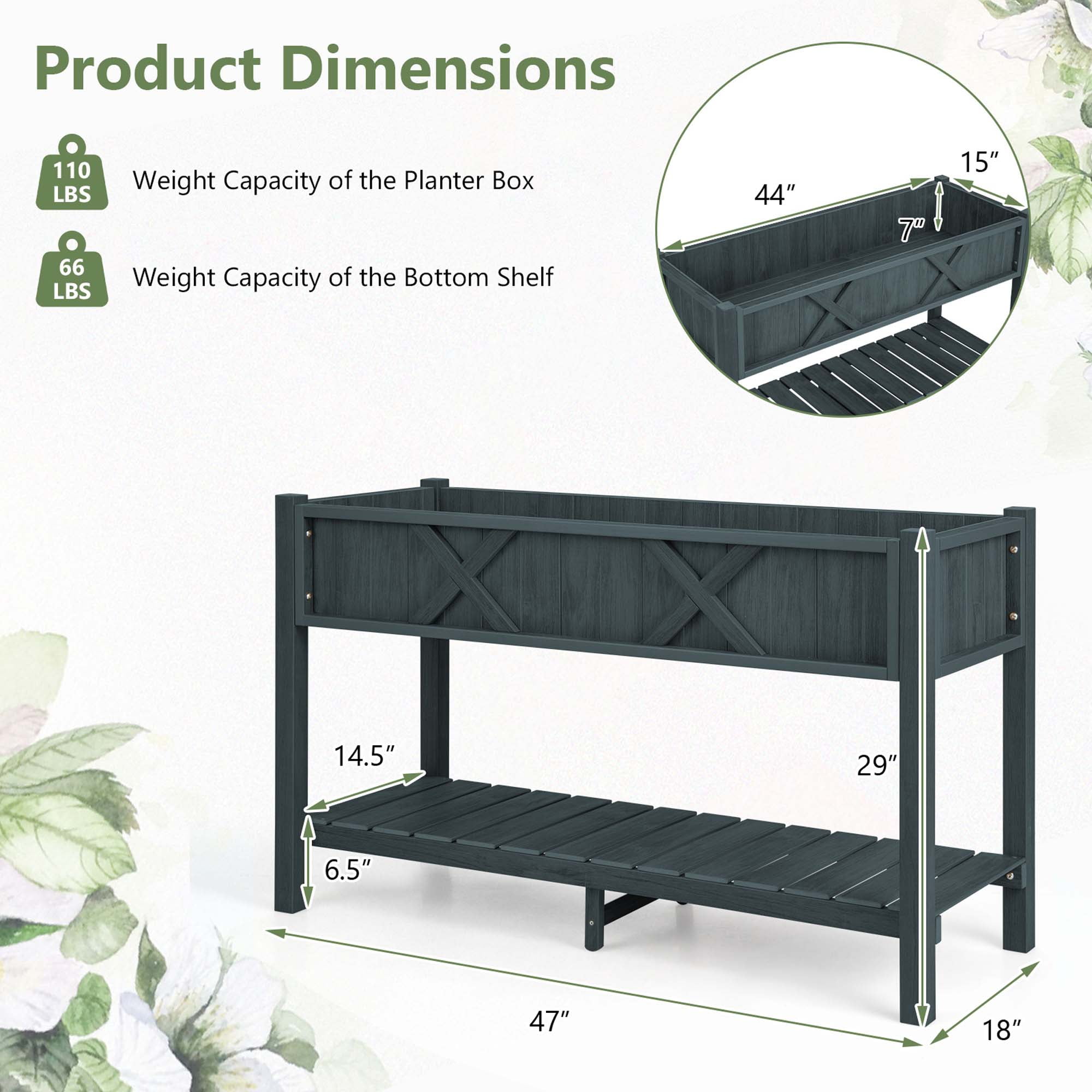 Costway HIPS Raised Garden Bed Poly Wood Elevated Planter Box with Legs, Storage Shelf Black