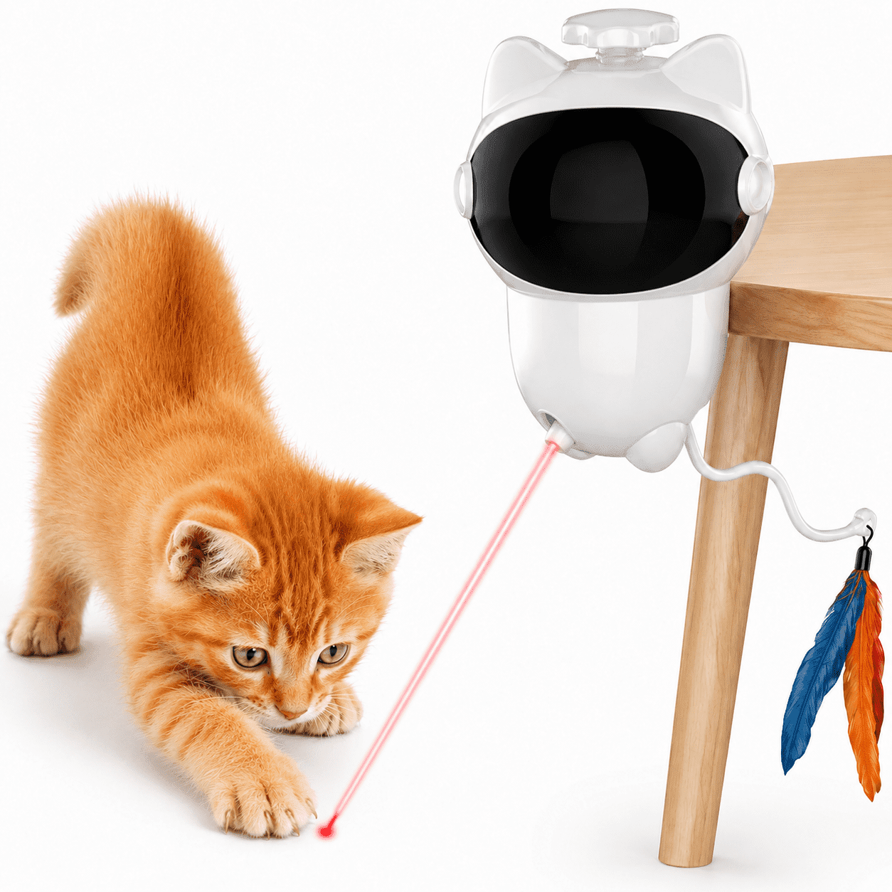 Cat Toy, 360° Laser & Rotating Feather Teaser, 2 Modes, Rechargeable, Interactive Cat Toys for Bored Indoor Cats