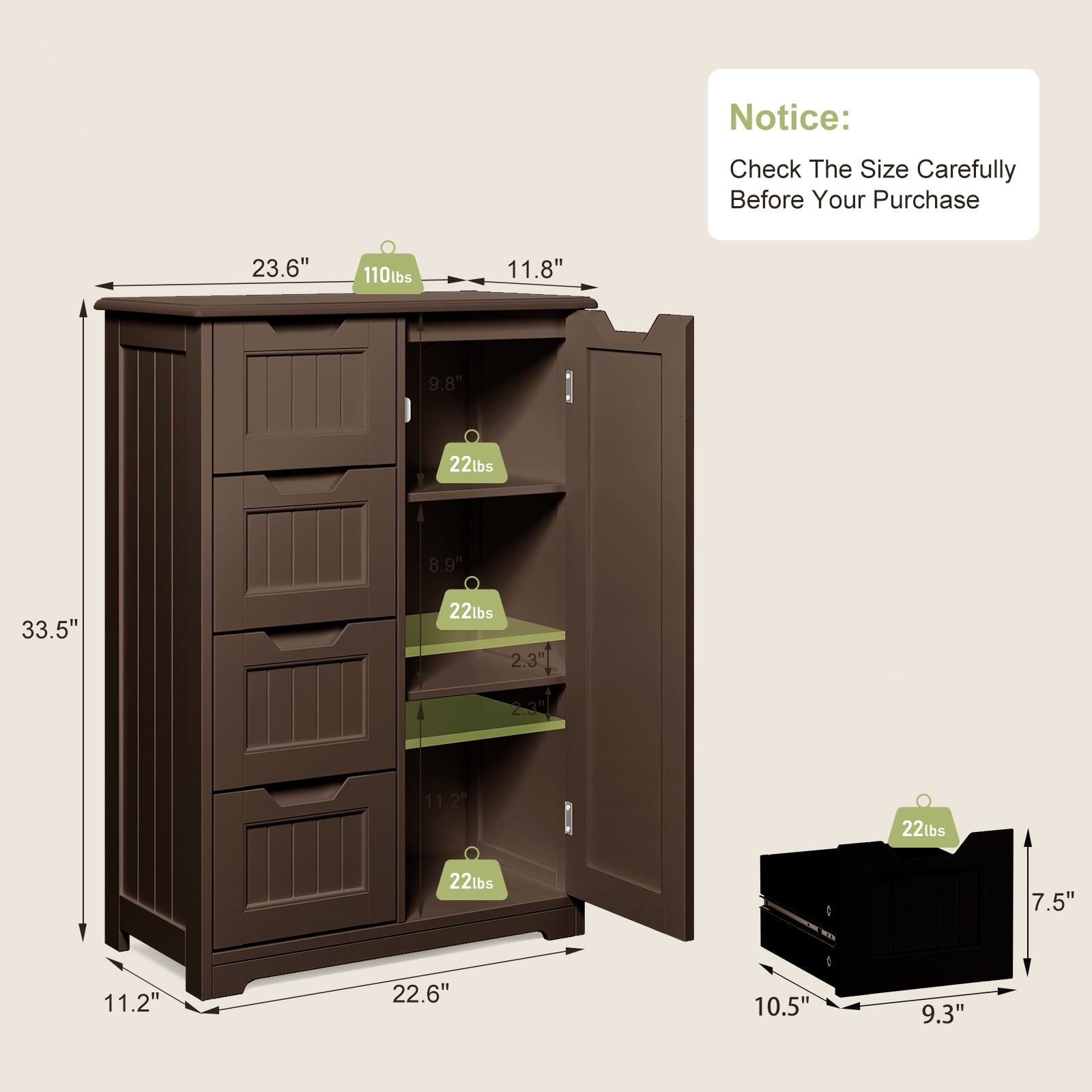 Pantry Cabinet, Lofka 33" Small Kitchen Pantry Storage Cabinet with 1 Door, 2 Shelves, 4 Drawers, Dark Brown