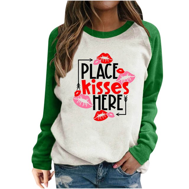 RKSTN Chandail pour Femmes 2024 Mode Lettres et Cœur d'Amour Imprimé Chandail de la Saint-Valentin Manches Longues Col Rond Hauts à Empiècements