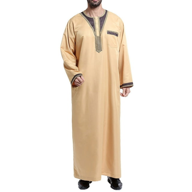 Pompotops Men's Muslim Robe Arab Middle Robe Pattern Embroidery Long Sleeve Standing Neck Pocket Long Shirt Fashion Casual Robe on Sale