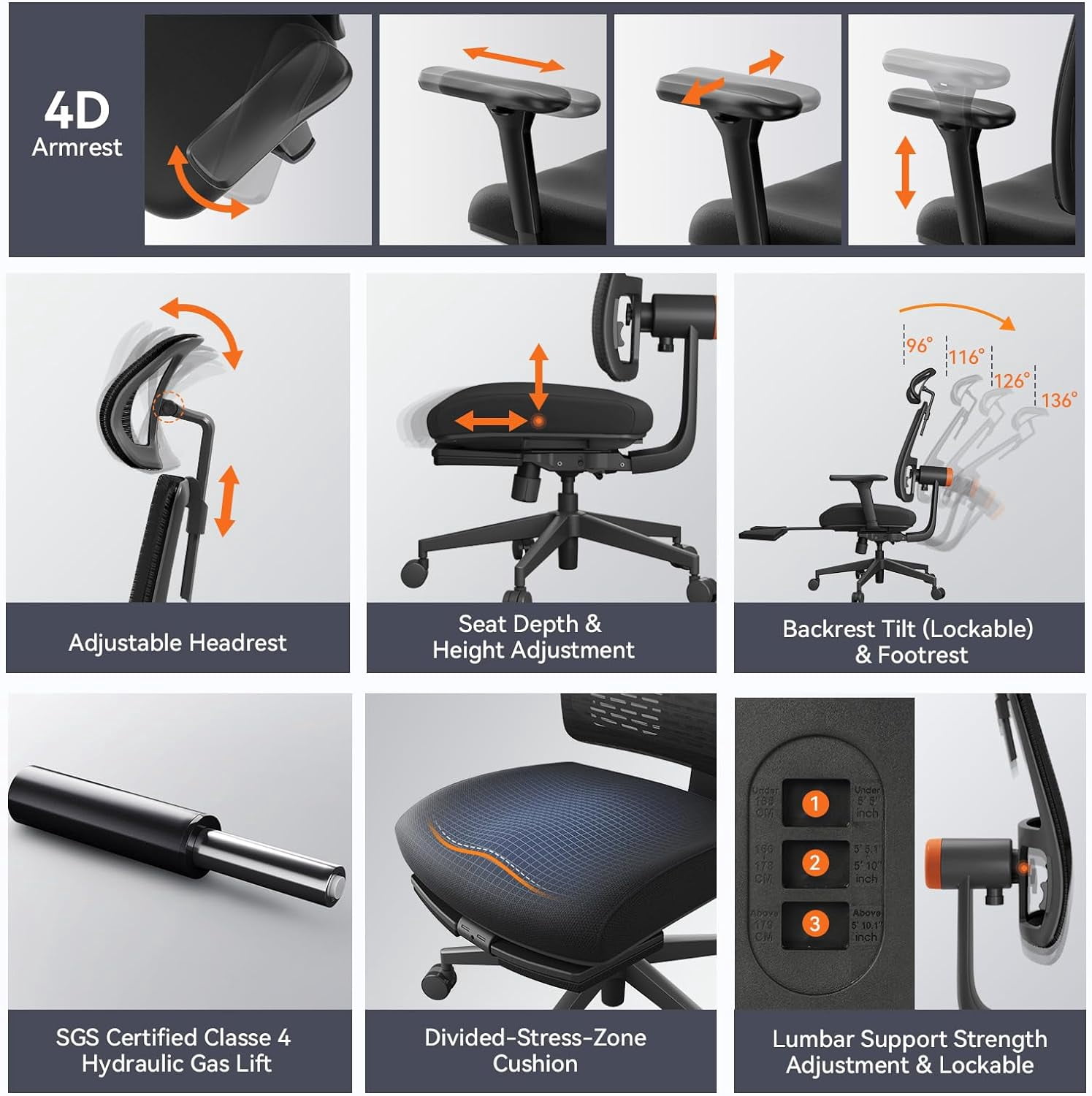 Newtral MagicH-BP Ergonomic Chair with Footrest - Home Office Desk Chair with Auto-Following Lumbar Support, 4D Armrest, Seat Depth & Height Adjustable, 96°-136° Reclines