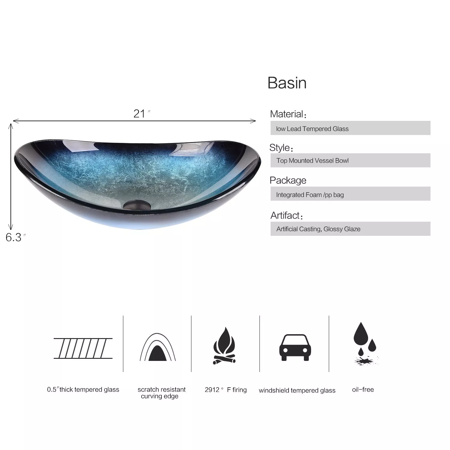 ELECWISH Bathroom Sink and Faucet Combo Artistic Tempered Glass Vessel Sink Basin Washing Bowl Set, Cabinet Countertop Sink with Chrome Faucet Pop-up Drain (Oval)