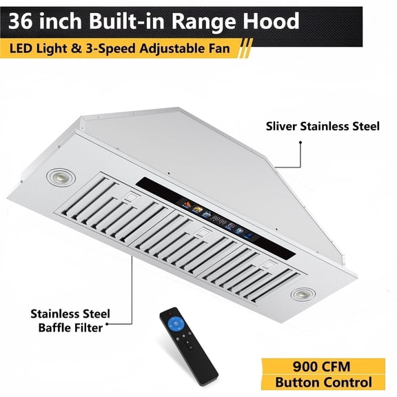 36 inch Range Hood Insert  900 CFM Stainless Steel Ductless Convertible Kitchen Hood with App/Voice/Gesture/Touch Control, Adjustable LED Stove Vent Hood for Indoor Cooktop
