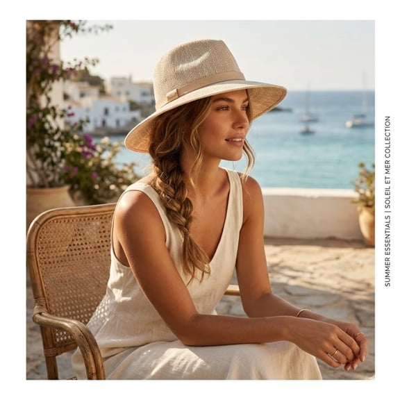 Women's Packable Knit Fedora Hat, Classic Wide Brim Panama Sun Hat, 22.44in Beige Foldable Beach Hat For Summer Travel, Vacation, Outdoor Activities, Beach Trips & Daily UV Sun Protection Use