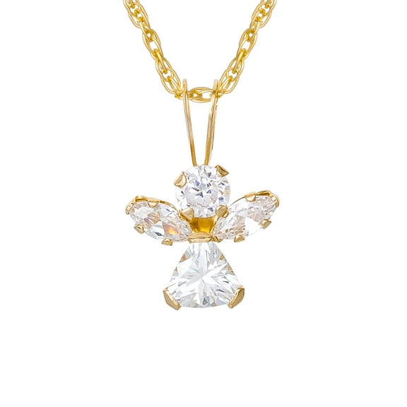 Brilliance Fine Jewelry Girl’s 14K Yellow Gold CZ Angel Pendant, 18” Chain