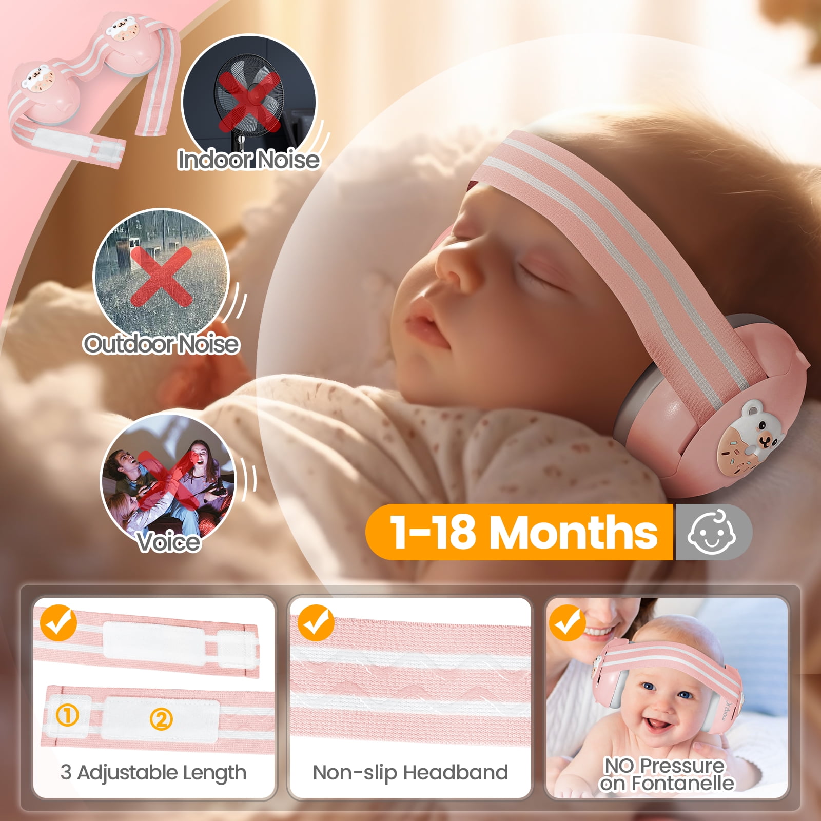 Orzbow Baby Noise Cancelling Headphones with Cute Bear Design for Babies Infant up to 48 Months, Ear Muffs Noise Protection with Non-Slip Band for Airplane Travel Sleep, Pink Bear