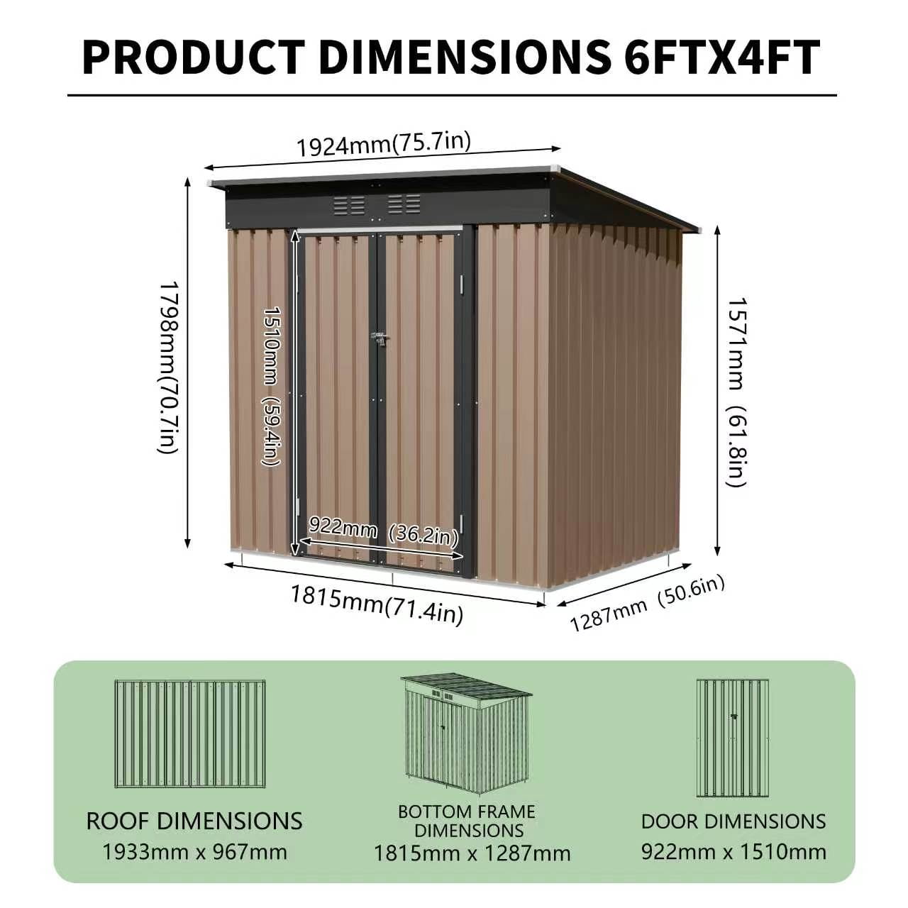 Outdoor 6x4-Foot Metal Garden Shed with Hinge Door and Pent Roof, Brown Storage Shed for Patio Backyard and Tool Organization