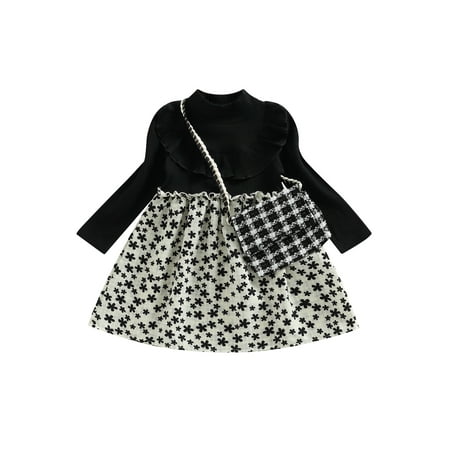 

Sunisery Kids Little Girls Autumn Sweet Dress Flower Print Patchwork Long Sleeves A-Line Dress with Plaid Crossbody Bag Black 5-6 Years