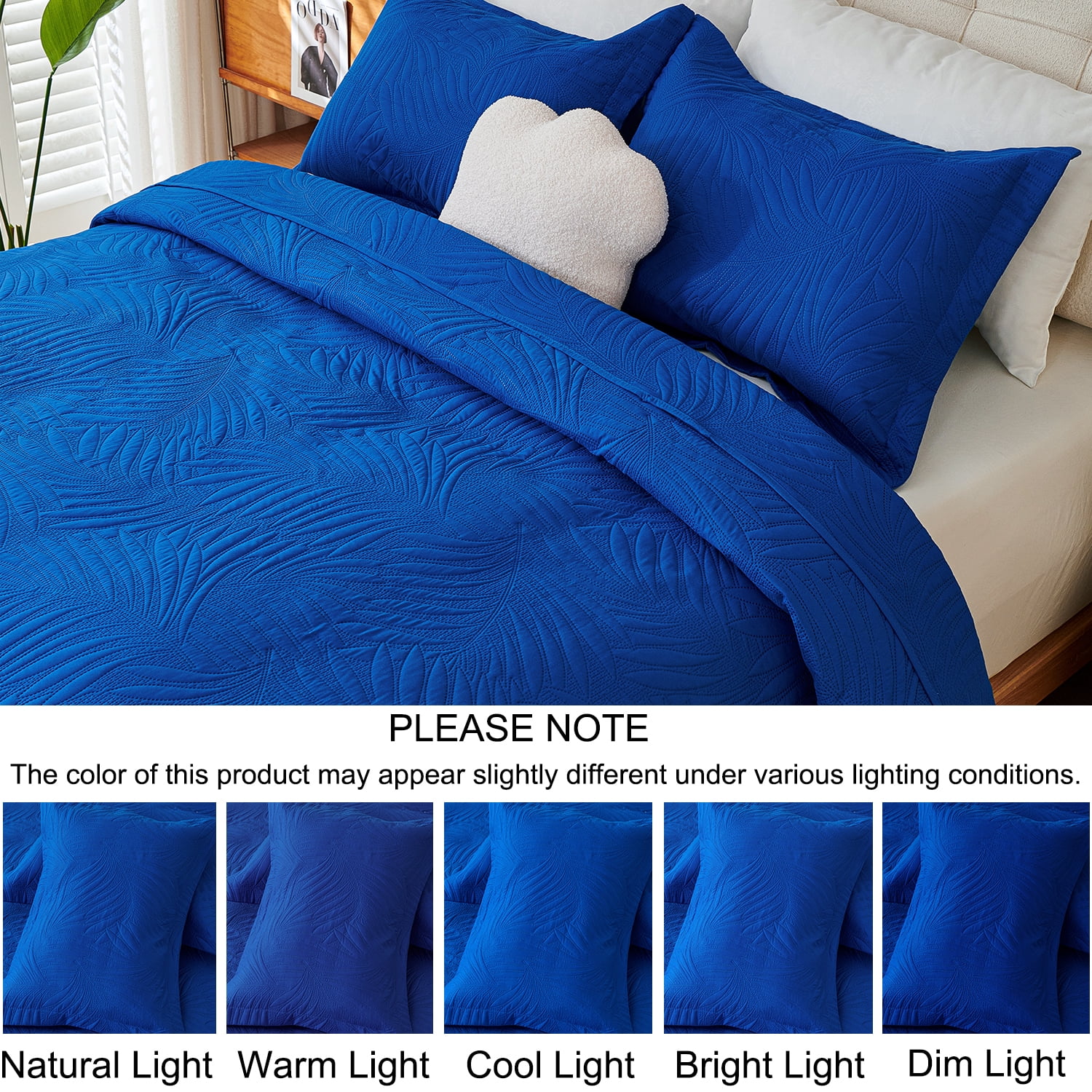 Evenhug 3-Piece Queen Quilt Set Soft Banana Leaves Pattern Bedding Set Lightweight Microfiber Ultrasonic Bedspread With Shams Suitable All Season(Royal Blue,90"x90")