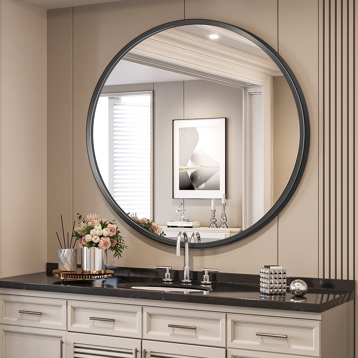24 Inch Round Mirrors Wall Mirror for Bathroom, Black Round Circle