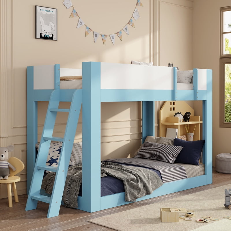Twin-Over-Twin Low-Profile Bunk Bed with Guardrails, Wooden Kids Bed with Reversible Ladder, Accent Two-Tone Bed Frame