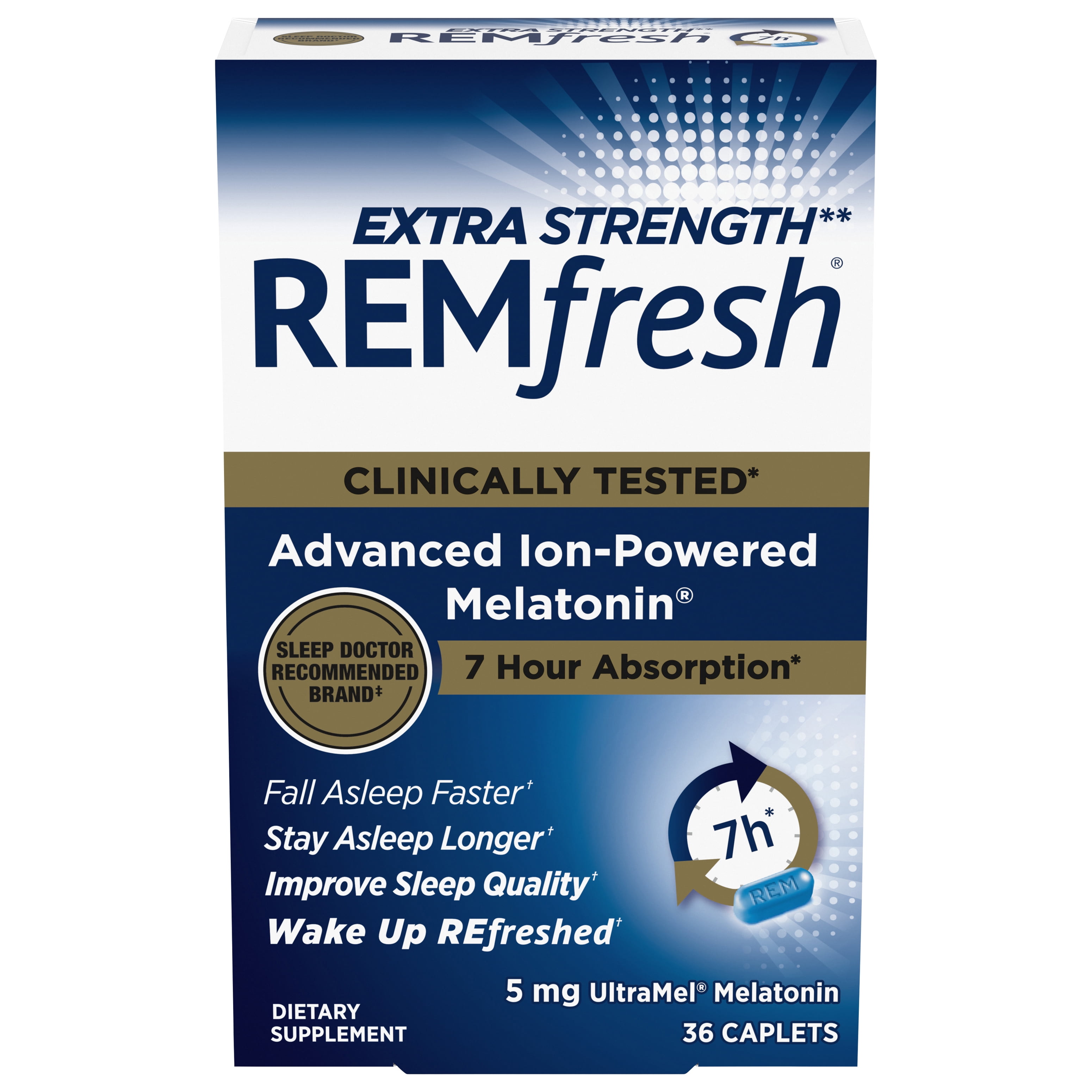 REMfresh Extra Strength 5mg Melatonin Sleep Aid Supplement 36 Caplet  Sleep Supports Immune Function  #1 Doctor Recommended  Pharmaceutical-Grade, Ultrapure Melatonin