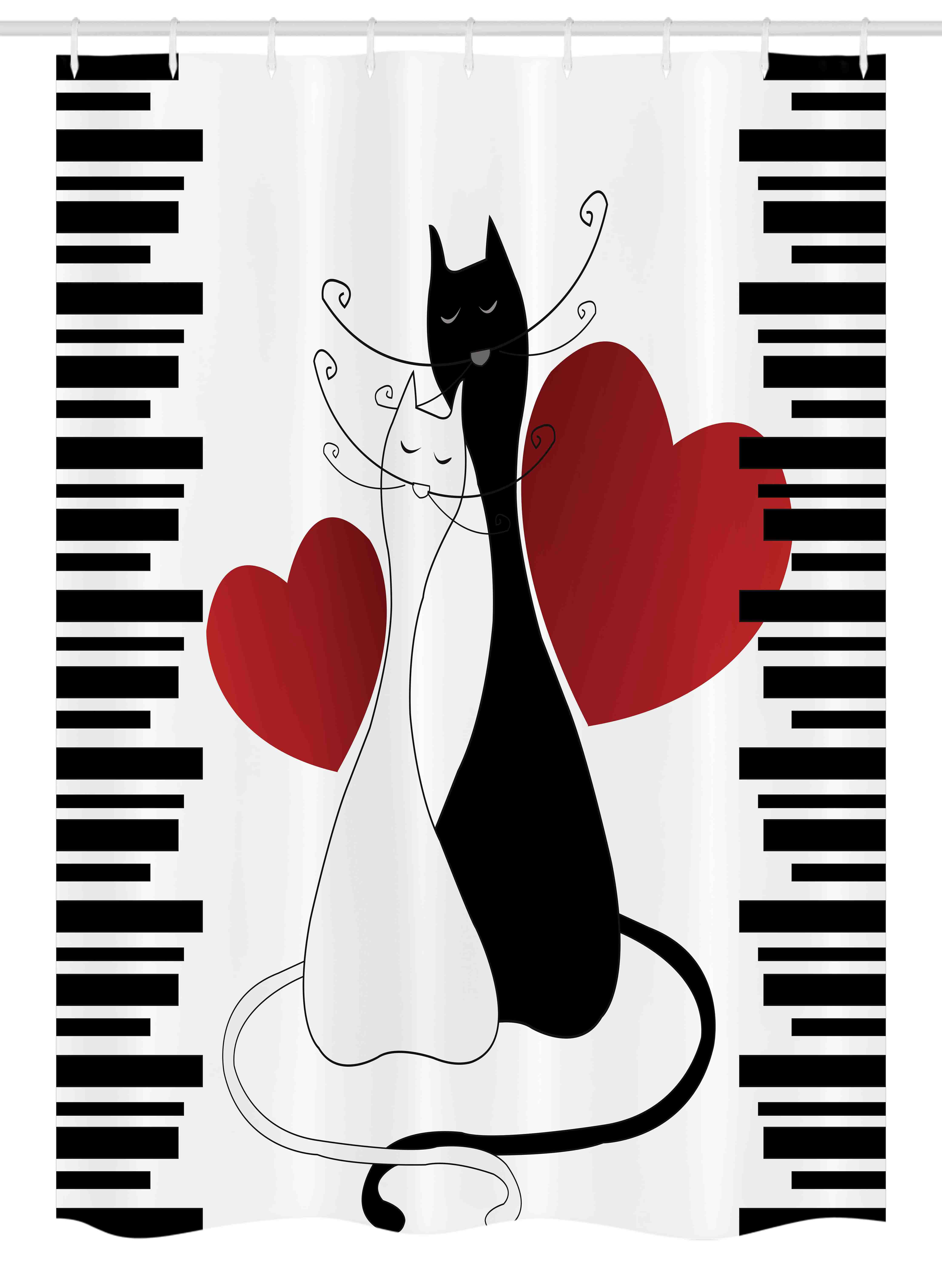 Cats Stall Shower Curtain, Romantic Kittens Pets Couple Two Tails Hearts  and Black Stripes Animals In Love, Fabric Bathroom Set with Hooks, 54W X  78L Inches, White Black Red, by Ambesonne -