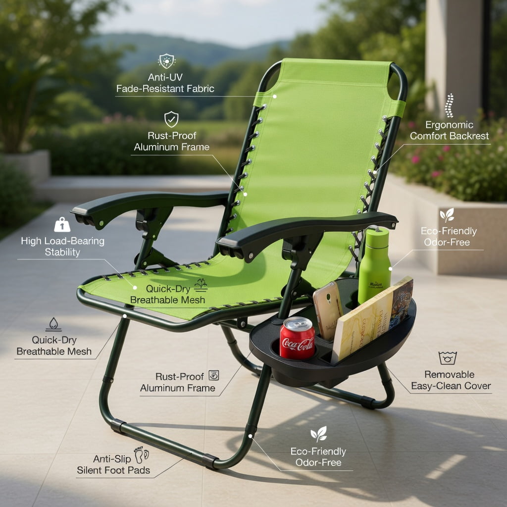 Hommoo 2-Pack Zero Gravity Folding Lounge Chairs with Adjustable Headrest & Removable Tray, Outdoor Indoor Recliners for Back Support, Green