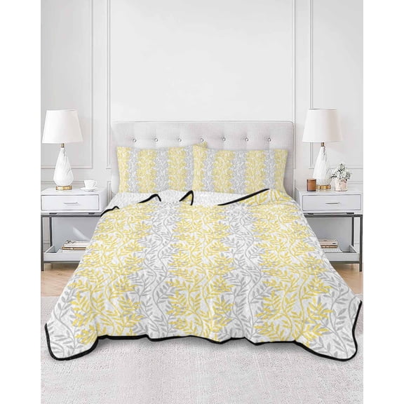 Quilts Twin Size, Yellow Grey Botanical Soft Comforter Bedding Set for Bed, Pastoral Spring Summer Leaf Aesthetics Lightweight Quilted Bedspread with Pillow Cover(2 Pieces) for All Season, 68x86 Inch