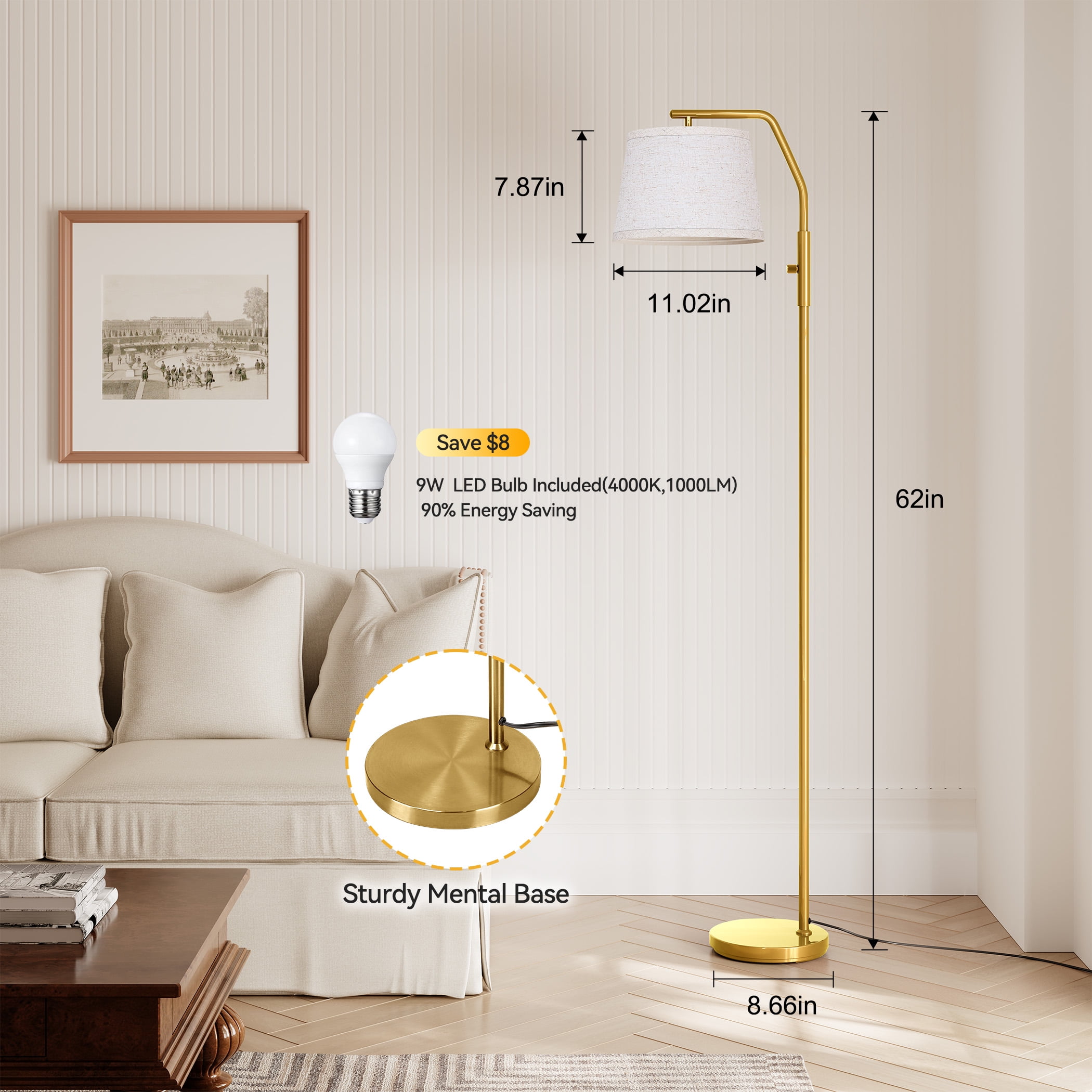 SUNMORY Floor Lamp for Living Room, 9W Bulb Included, Lamp for Bedroom with Adjust Head, Standing Lamp with Rotary Switch, 0-100% Dimmable Floor Lamp for Living Room Bedroom Office Nursery, Gold