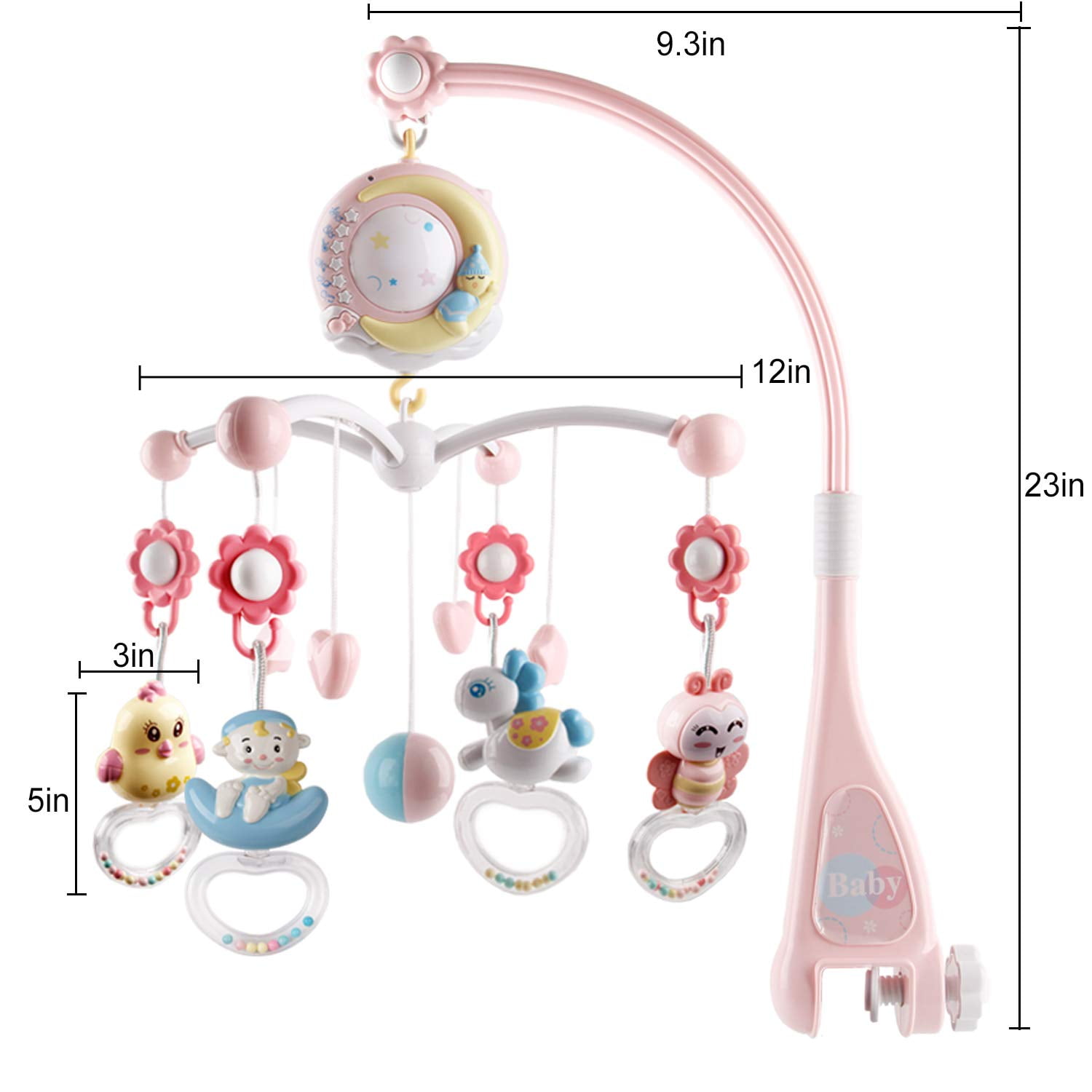 Mini Tudou Baby Musical Crib Mobile with Timing Function Projector and Lights,Hanging Rotating Rattles and Remote Control Music Box with 150 Melodies,Toy for Newborn 0-24 Months