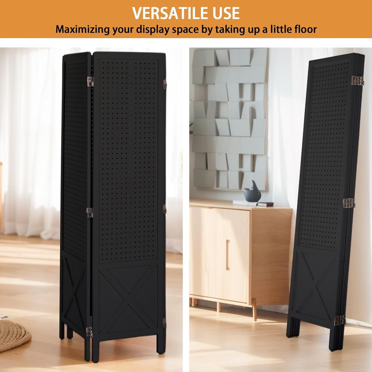 VINGLI Freestanding Pegboard with Support Feet, 5 FT Wood Room Divider Display Board Organizer, Folding Privacy Screen Partition Space Separator for Craft Shows Events Retail