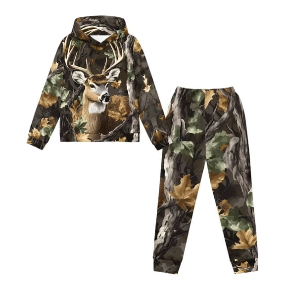Uorisanigo Girls Boys Long Sleeve Hooded Camo Deer Hunting Pullover Sweatshirt Cozy Clothes Oversized Hoodie & Jogger Pants with Pockets 2 Piece Fall Winter Outfit Set