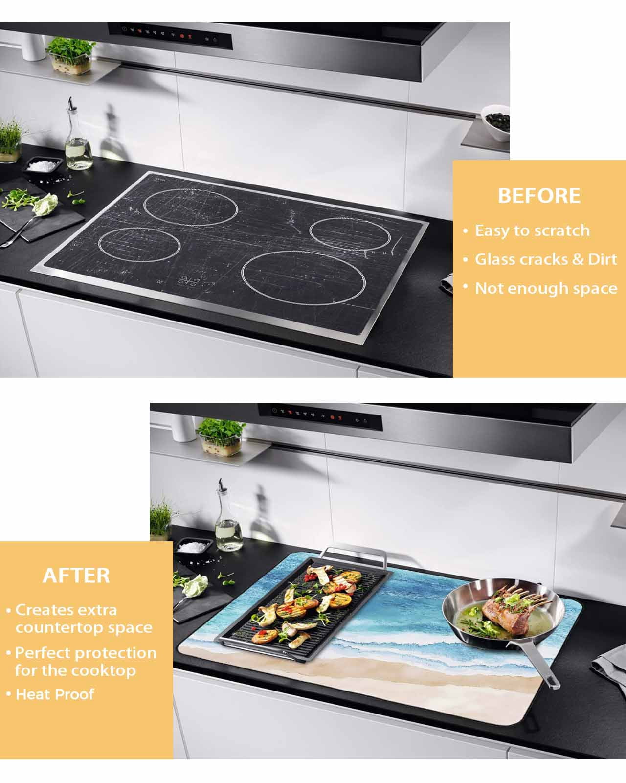 nqOlkjepod Large Induction Cooktop Protector Mat 24"x21", Blue Waves Stove Top Covers for Electric Stove, Gradient Beach Abstract Oil Painting Art Stove Burner Cover Mats, Glass Top Stove Cover
