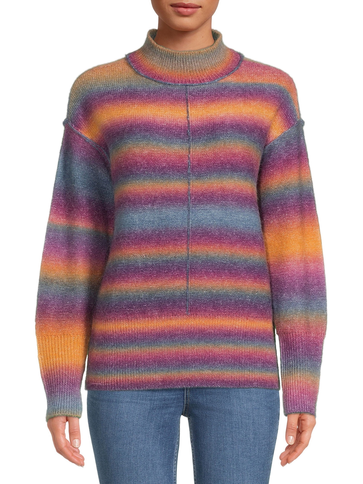 BeachLunchLounge Women's Rainbow Ombre Mock Neck Sweater, Midweight