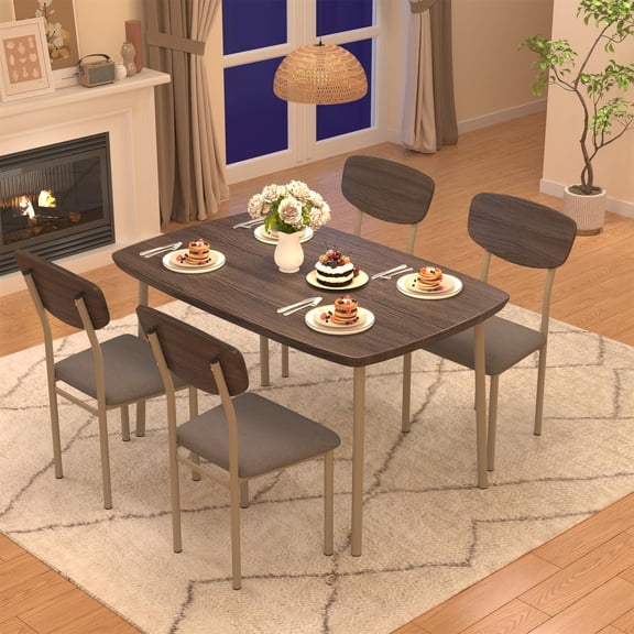 UHOMEPRO Dining Table Set for 4, Farmhouse Wood Kitchen Table Set with 4 Fabric Upholstered Chairs, Curved Table Design, Dining Room Table Set for Dining Room, Kitchen and Apartment, Natural Beige