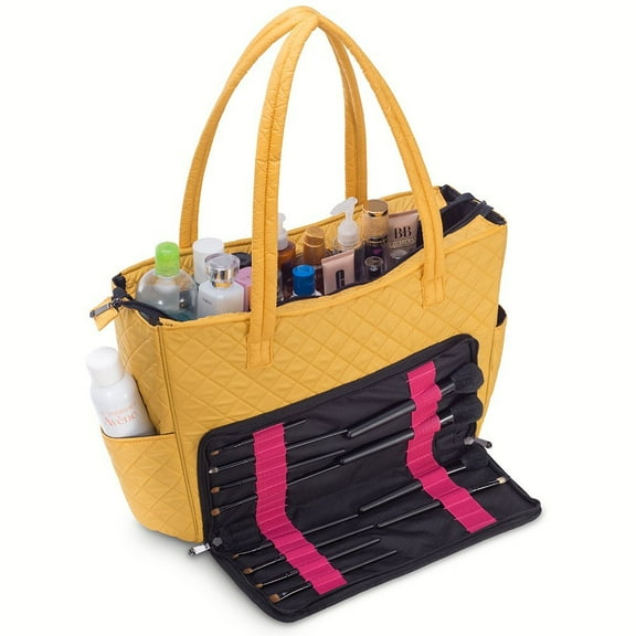 KIOTA Beauty Bag - Ideal for Bottles - Makeup Brush Storage Pocket and Outer Pockets - Quilted Finish Shoulder Bag Cosmetic Organizer - Canary