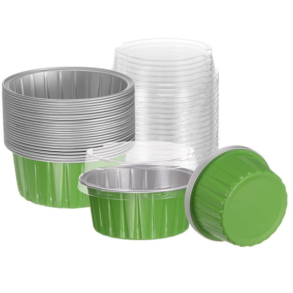 50Pcs Baking Cups with Lids 5oz Aluminum Foil Liners Mini Disposable Containers Cups Holder Cases Boxes Pans for Dessert Wedding Party, Green
