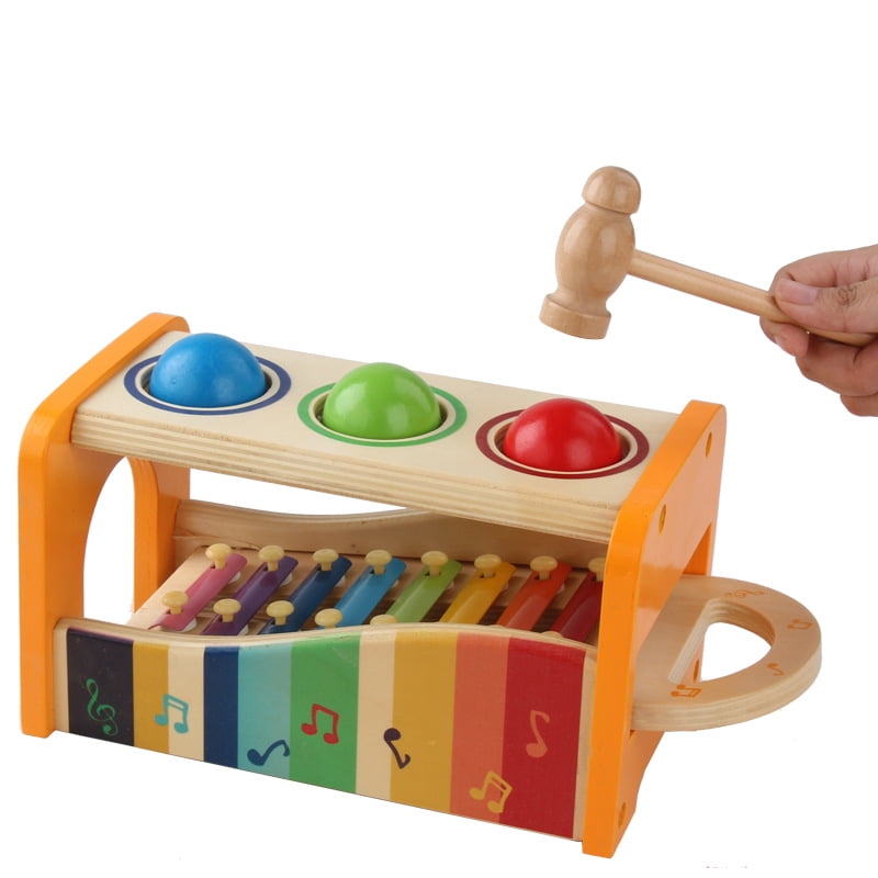 Pound Tap Bench with Slide Out Xylophone, Wooden Musical Pounding Toy