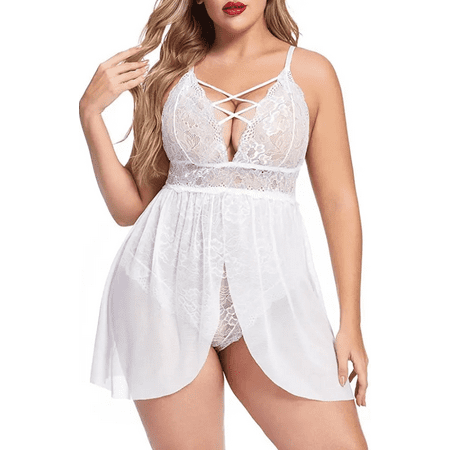 

Womens Babydoll Open Bra Lace Lingerie Sleepwear Snap Crotch One Piece Bodysuit Nightgown