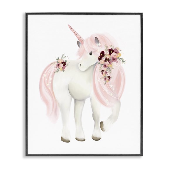 Stupell Industries Cottage Pastel Floral Unicorn Black Framed Giclee Art, 11 x 14, by Studio Q