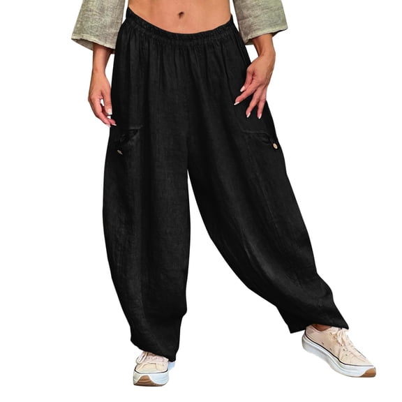 TRUBKH Cotton Linen Pants Balloon Pants Resort Wear for Women 2026 Paperbag Pant Drop Crotch Harem Pants Baggy Yoga Pants Women Gaucho Pant Beach Palazzo Harem Pants Lounge Pants Black L