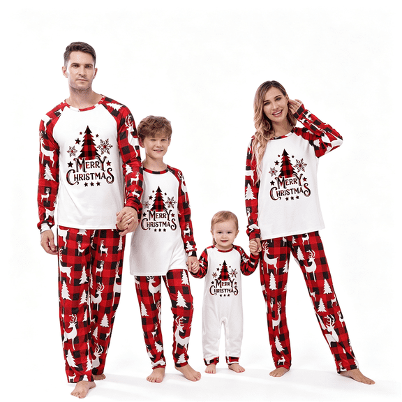 RUINIXCW Christmas Family Matching Pajamas Set Christmas Jammies Family Holiday Outfits Xmas PJS Set Sleepwear for Whole Family Tree Letter Print Long Sleeve Tops and Plaid Pants Set