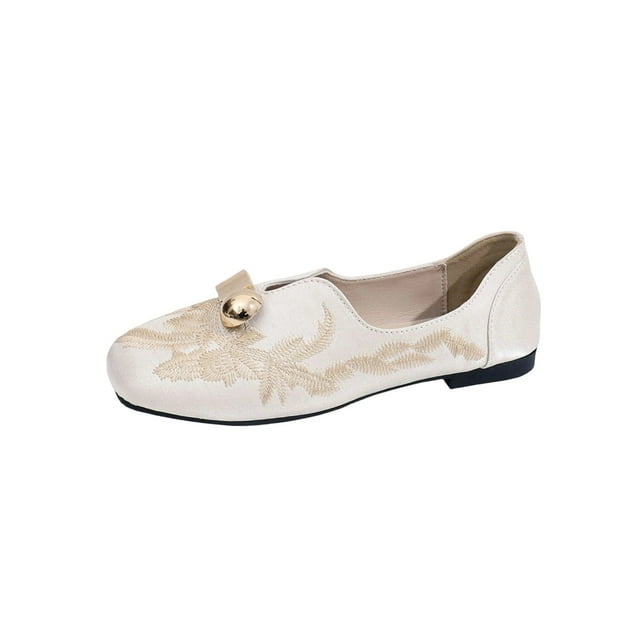 WLOELOEW Metal Decorated Embroidered Loafers For Women Low Heel Casual Flat Shoes Spring Summer All Match Versatile Style Plus Size Us 6