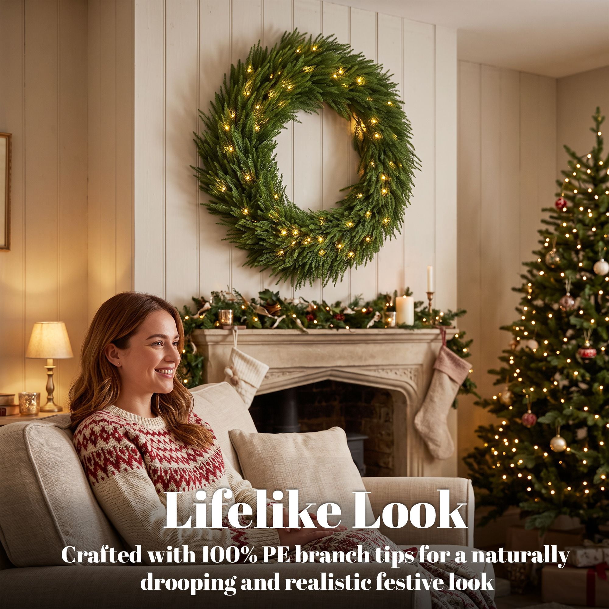 Pre-Lit Artificial Christmas Wreath, 36 in Norfolk Pine Design with 100 Warm White LED Lights, 560 Branch Tips, Indoor and Covered Outdoor Holiday Door Decor