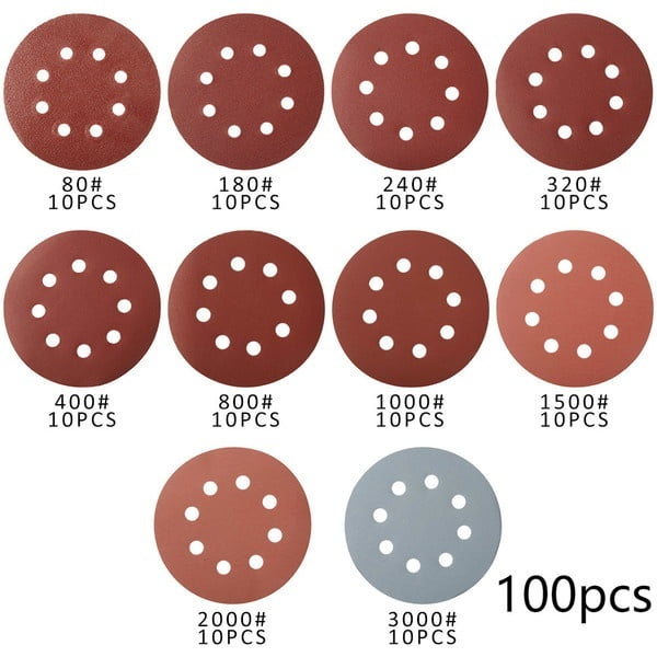 100Pcs 125mm Orbital Sandpaper Sanding Discs Hook Loop 80-3000 Grit Mixed Kit 
