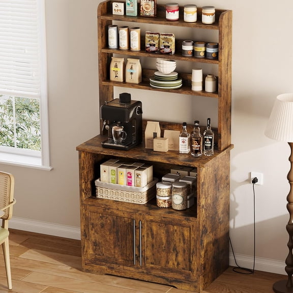 Kitchen Bakers Rack with Power Outlet, Microwave Oven Stand with Operation Table, Tall Versatile Storage Shelf for Dining Room, Kitchen