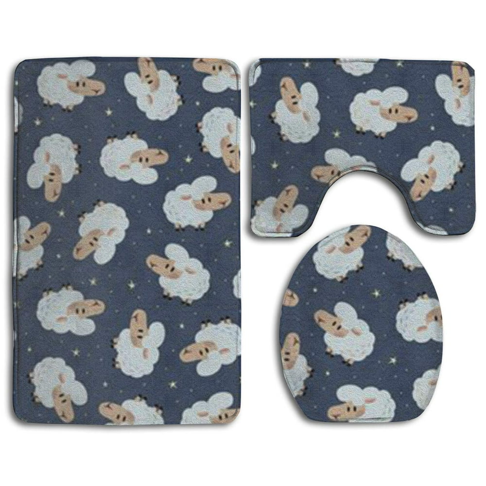 PUDMAD Cute Sheep 3 Piece Bathroom Rugs Set Bath Rug Contour Mat and