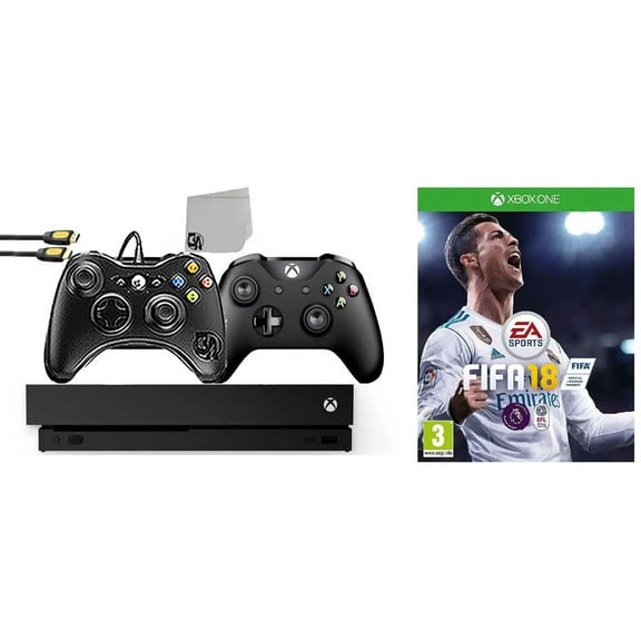 Pre-Owned Restored Microsoft Xbox One X 1TB Gaming Console Black with 2 Controller Included with FIFA 18 BOLT AXTION