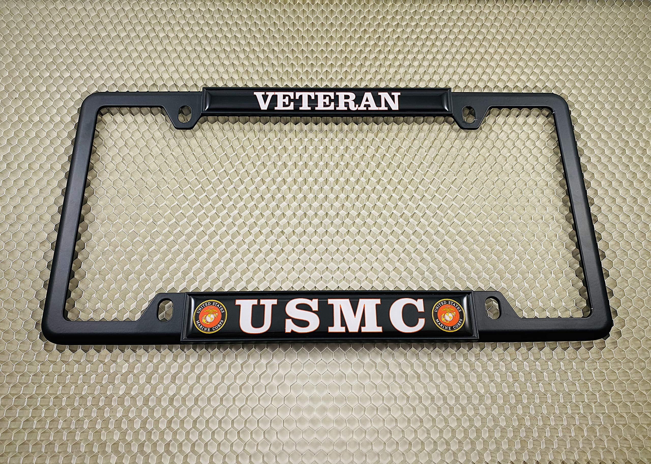 [Officially Licensed US Marine Corps Product] - USMC Veteran - Domed Custom-Made Personalized Narrow (Thin) Top 4 Hole Metal Car License Plate Frame with Free caps - Black Frame (Qty: 1)