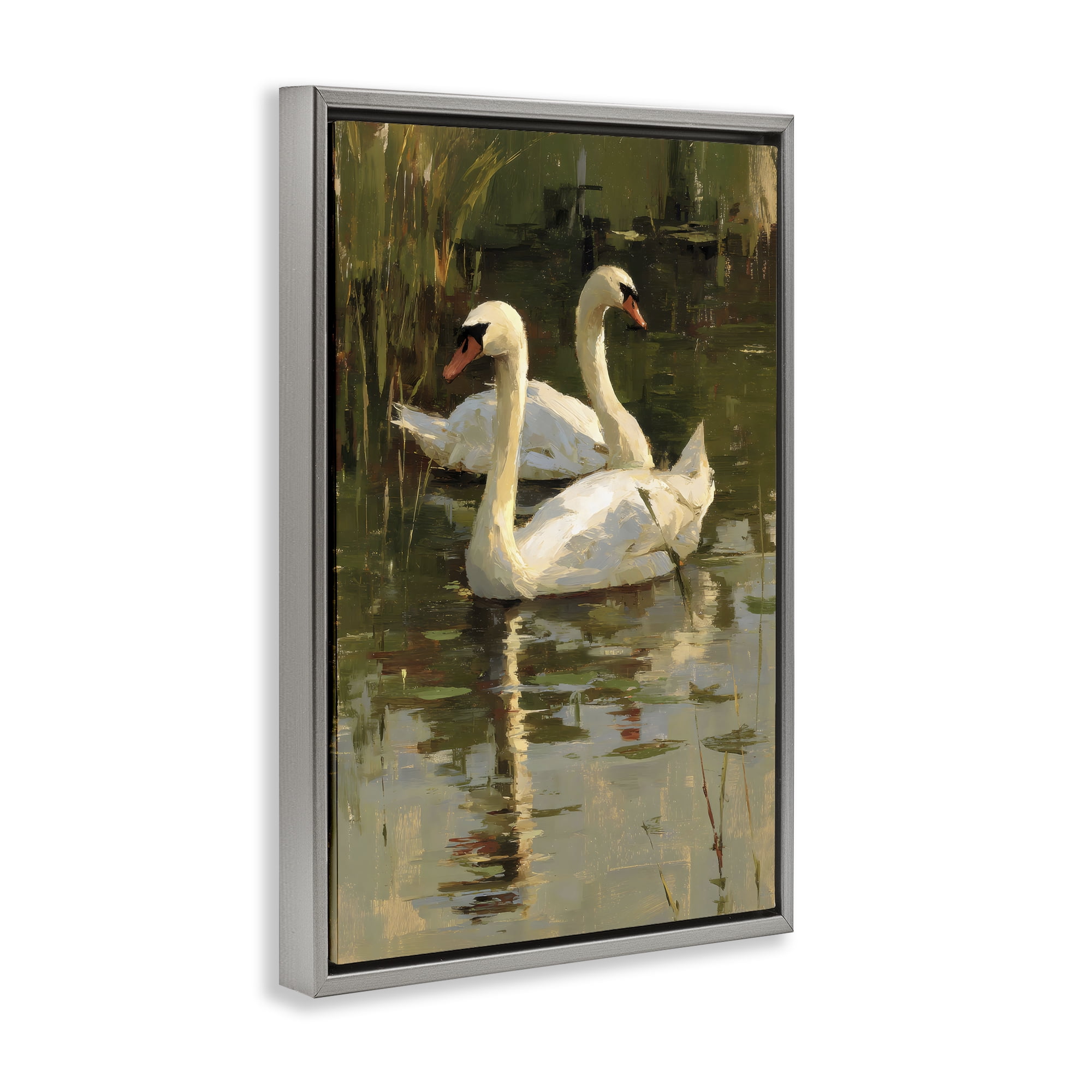 Stupell Industries Swans For A Swim Gray Framed Floater Canvas Wall Art, design by Petal Prints Design